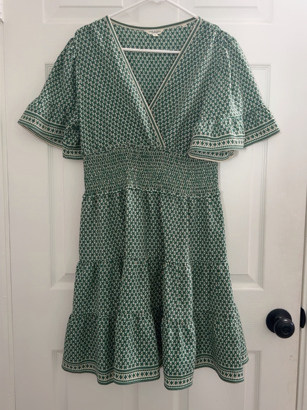 Max Studio Green Printed V-Neck Tiered Mini Dress
